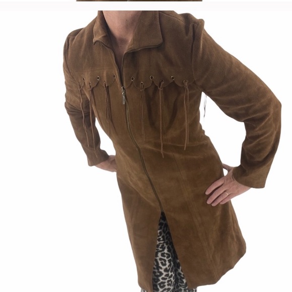 Faux Suede long brown coat with fringe size medium - Picture 8 of 12